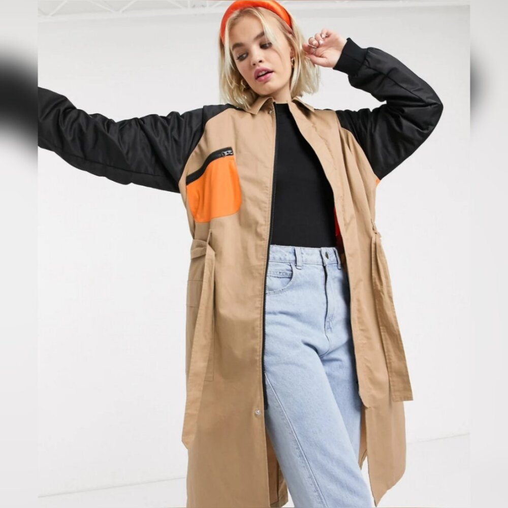COLLUSION Oversized Hybrid Bomber Trench Coat in Stone – Size US 4